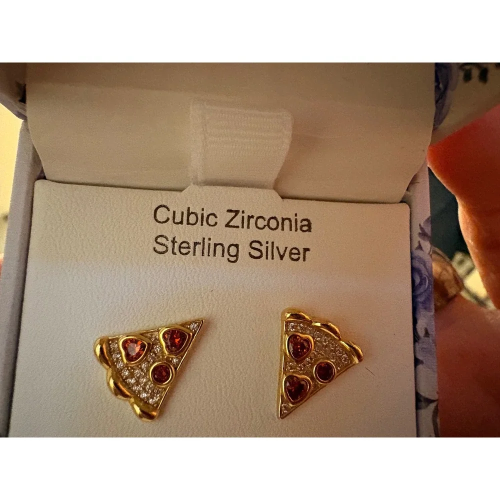 Rachel Zoe Pizza Stud Earrings Gold Sterling Silver Cubic Zirconia Red - Picture 4 of 8